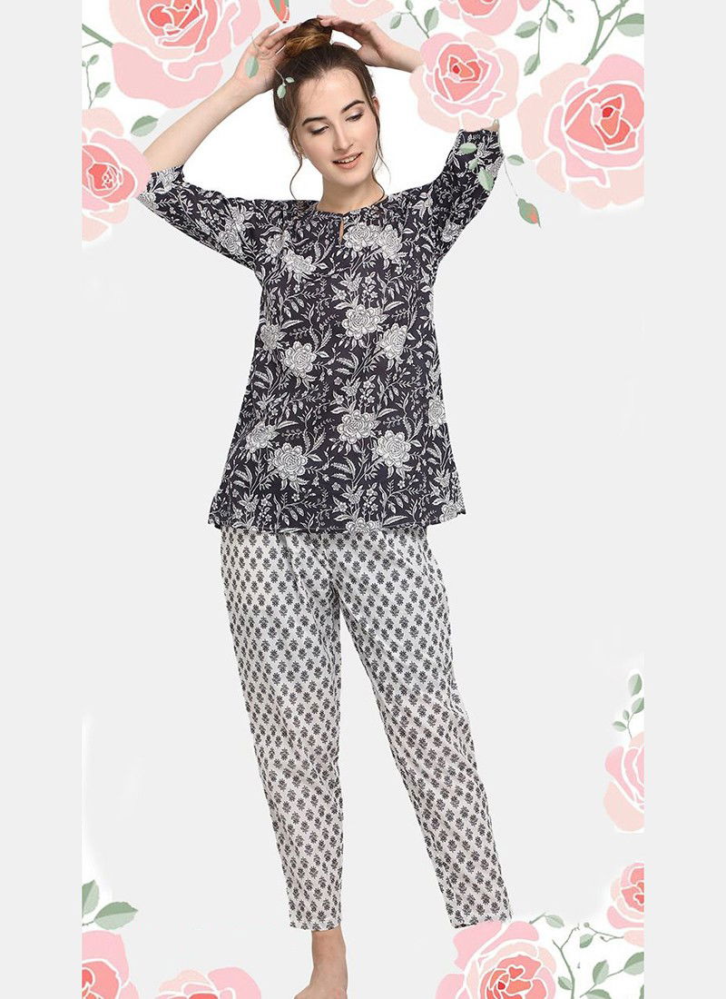 Black Colour MESMORA MF Night Wear Cotton Top With Bottom Heavy Night Suit Collection 2538